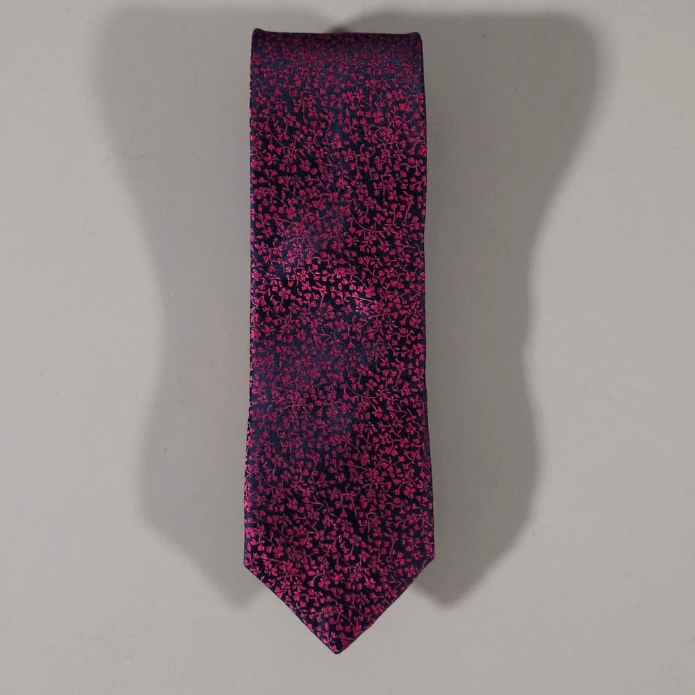 Charles Tyrwhitt Necktie Mens OS Burgundy Navy Blue Silk Floral Woven Accessory